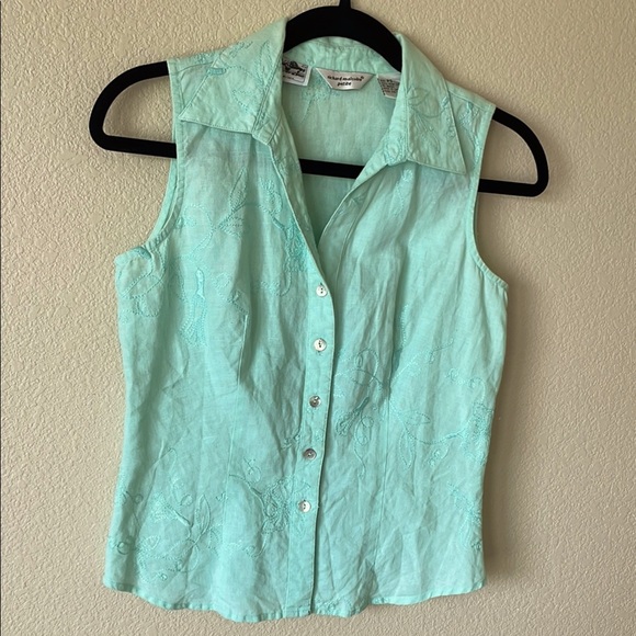 Irish Linen Richard Malcolm Embroidered Sleeveless Blouse Top W’s PS Beach Tank - Picture 1 of 12